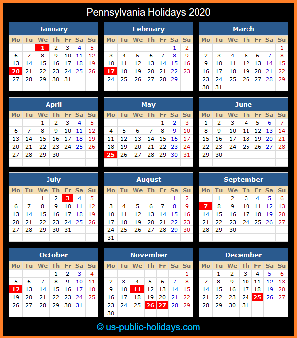 Pennsylvania Holiday Calendar 2020